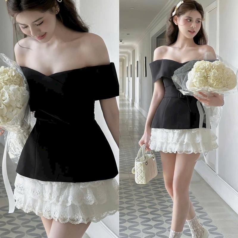 Set áo và chân váy Có Bigsize trễ vai nịt eo phối ren cao cấp Mixiz House Top Nữ Women Đen Trắng