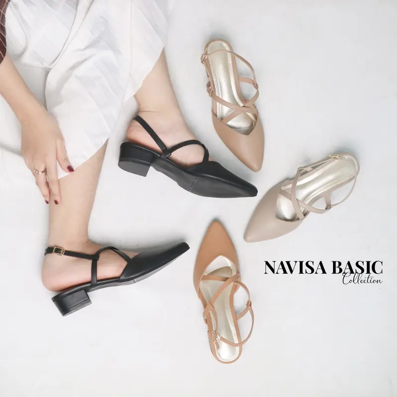 Mules Wanita Heels / Hak 3 Cm Motif tali Sepatu Sandal Wanita Flatshoes Navisa Basic Collection vivi nici Damelia fleksibel elegan antiselip liburan 0