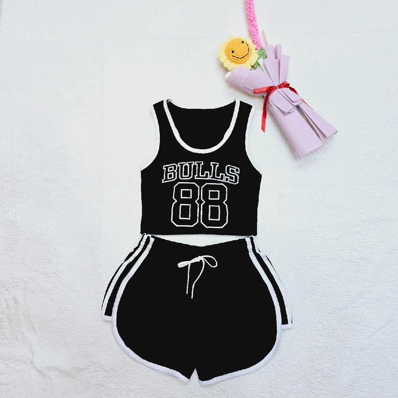 Sét bộ áo ba lỗ croptop dáng ôm in chữ và số 88 cộng quần short viền sọc hai bên dễ thương dành cho phái nữ Women Thun Voi Nhung Kem Sen Lịch Tre 5