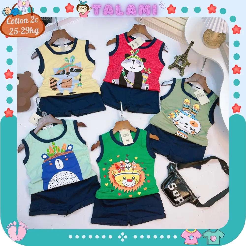 Bộ quần áo ba lỗ sát nách chất cotton 100 in hình thú cho bé trai 23-26kg