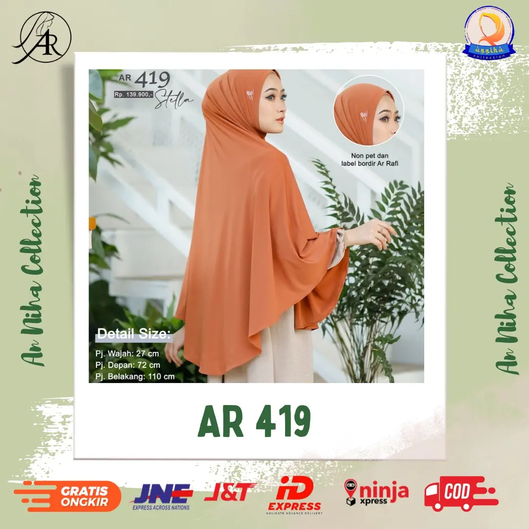 Terlaris √ Hijab Bergo Instan AR 419 Kerudung Dewasa Size Jumbo Tanpa Ped || An Niha