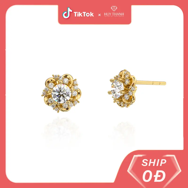 HuyThanhJewelry BT480 Bông Tai Vàng 14k Gắn Đá Cz Hoa Tiết Hoa Anh Đào Xinh Xắn Bản chốt vàng 2
