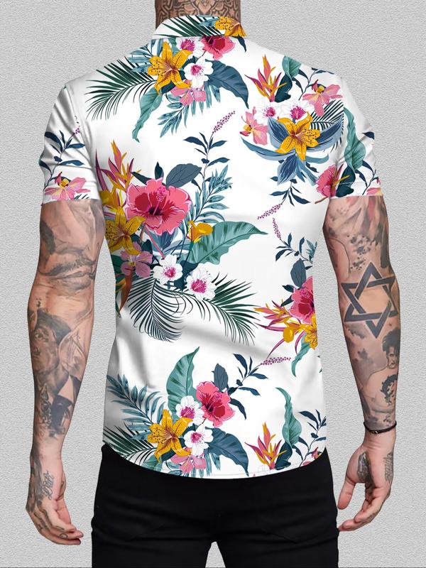 Men's Regular Fit Floral Leaf Print Pocket Button Front Shirt, Tropical Print Short Sleeve Collar Shirt, Boho Casual Men's Top for Summer Beach Vacation 1