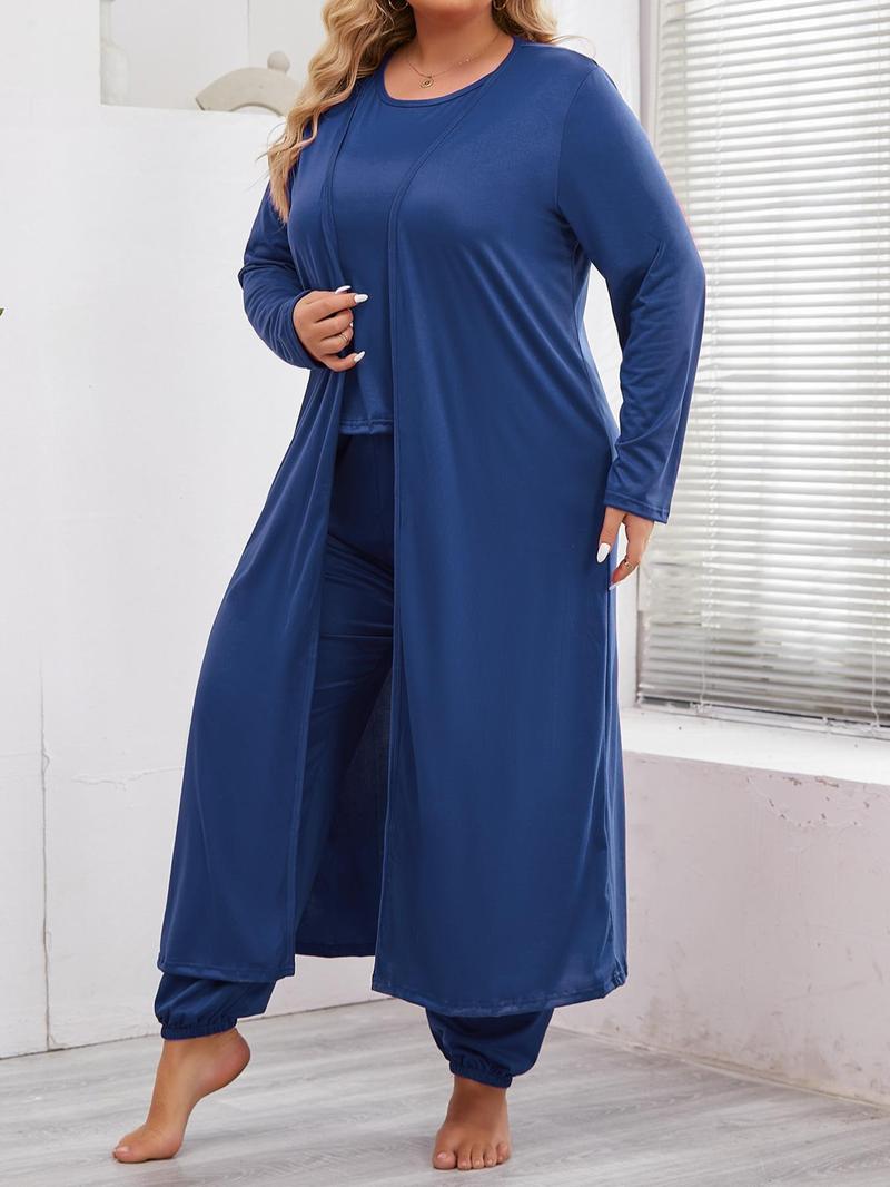 Product Introduction of 【Plus Size】 Three-Piece Set Solid Long Sleeve Open Front Lounge Robe & Elastic Waist Pants & Tank Top Set, Casual Comfy Pyjama Set for Women, Women's Sleepwear for Spring & Fall 5