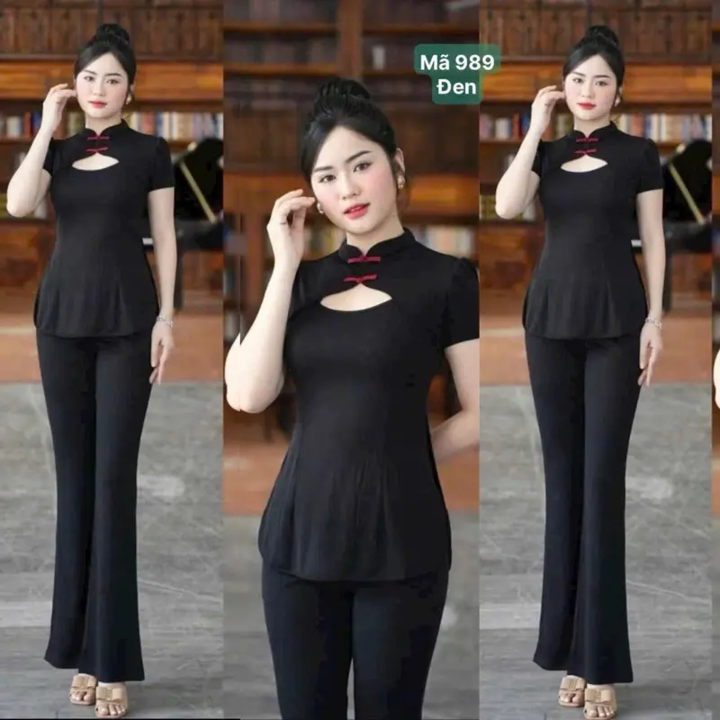 Sét bộ cổ xẩm Quần Dài ống loe vải thun gấm hàn loại 1, thun co giãn 4 chiều , tôn dáng. Mẫu về 3 size từ 40 đến 70kg ( Size M XL XXl ). 2