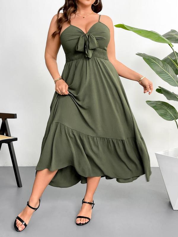 【Plus Size】 Solid Color Tie Front Cami Dress, Plus Elegant Fashion Casual Ruffle Trim Dress for Daily Outdoor Wear, Women Plus Clothing for Summer 1