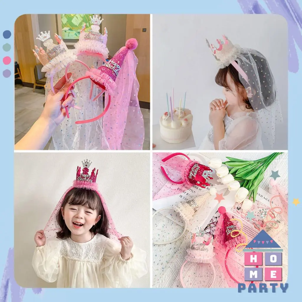 Băng đô vương miệng sinh nhật Bờm tóc mũ chóp sinh nhật Voan cài cô dâu cho bé gái in chữ Birthday Phụ Kiện Tóc Cài Tóc