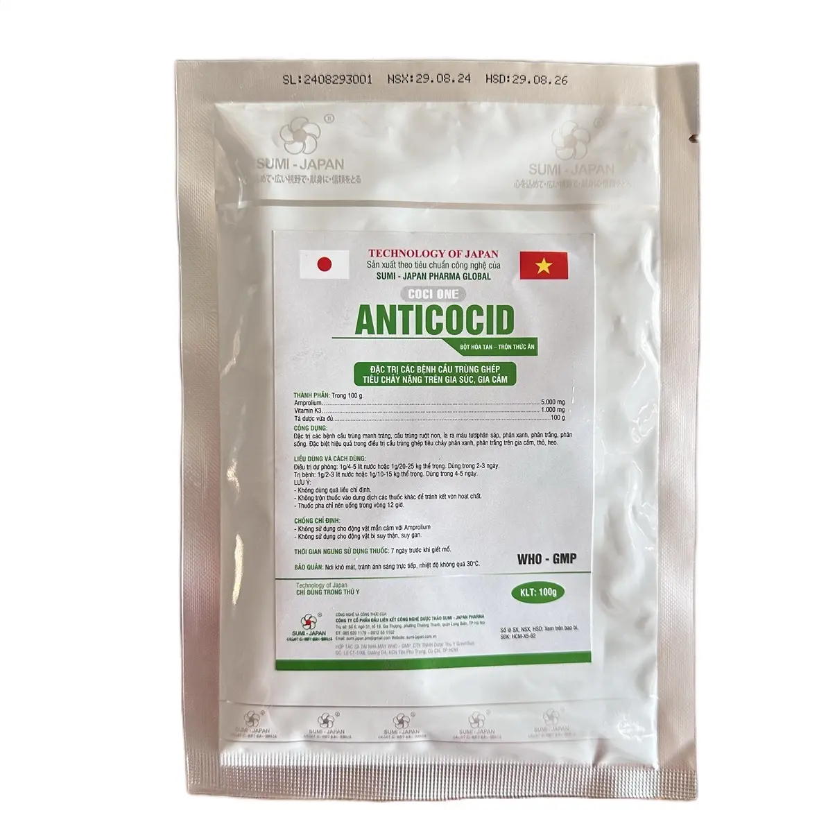 ANTICOCID là sản phẩm của sumi japan - chống ký sinh trùng cho gia cầm - hỗ trợ điều trị cầu trùng - 100g/gói