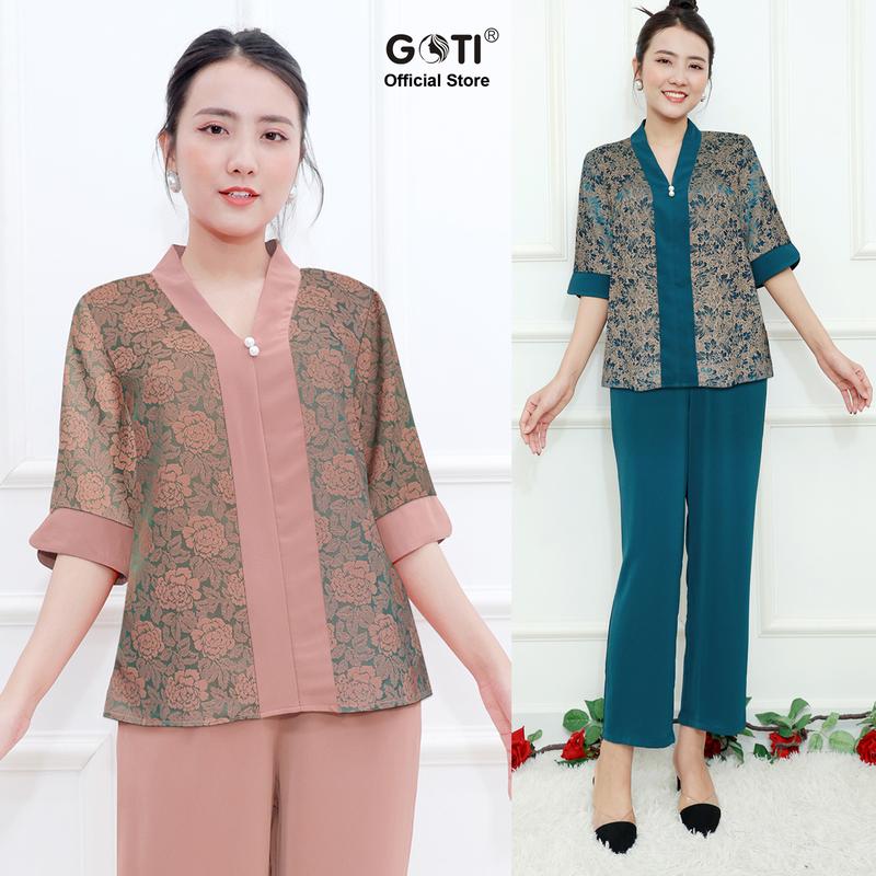  Đồ Bộ Trung Niên GOTI Mặc Nhà Nữ Sang Trọng Chất Gấm Cao Cấp Cổ Chui Tay Lững Có Túi Pijama Lụa Cho Mẹ 3359 3360 Nhung Thun 
