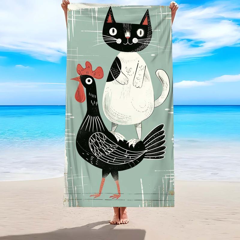 Product Introduction of Cat & Chicken Pattern Beach Towel, Soft Comfortable Lightweight Beach Towel, Water Absorbent Towel for Travel Swimming, Surfing, Camping 6