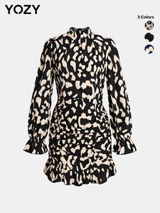 YOZY Valentine's Day Gift for Girl, Women's All Over Leopard Print Ruched Ruffle Hem Bodycon Dress, Casual Flounce Sleeve Mock Neck Short Dress for Daily Wear, Fall & Winter Clothes