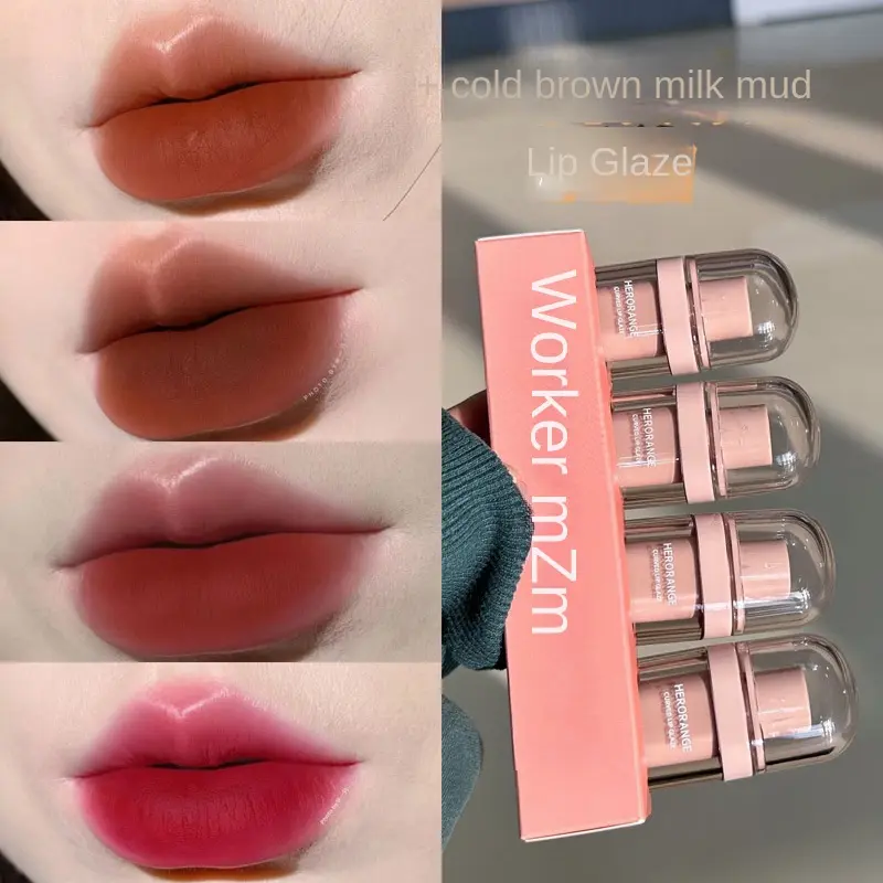 Herorange ~ Cold Brown Milk Mud Lip Lacquer Matte Velvet Matte Plain Face White Color Holding Mouth Red Mud Lip Gloss Lipstick Makeup Glossy Cosmetic Lip Care Lip Mud