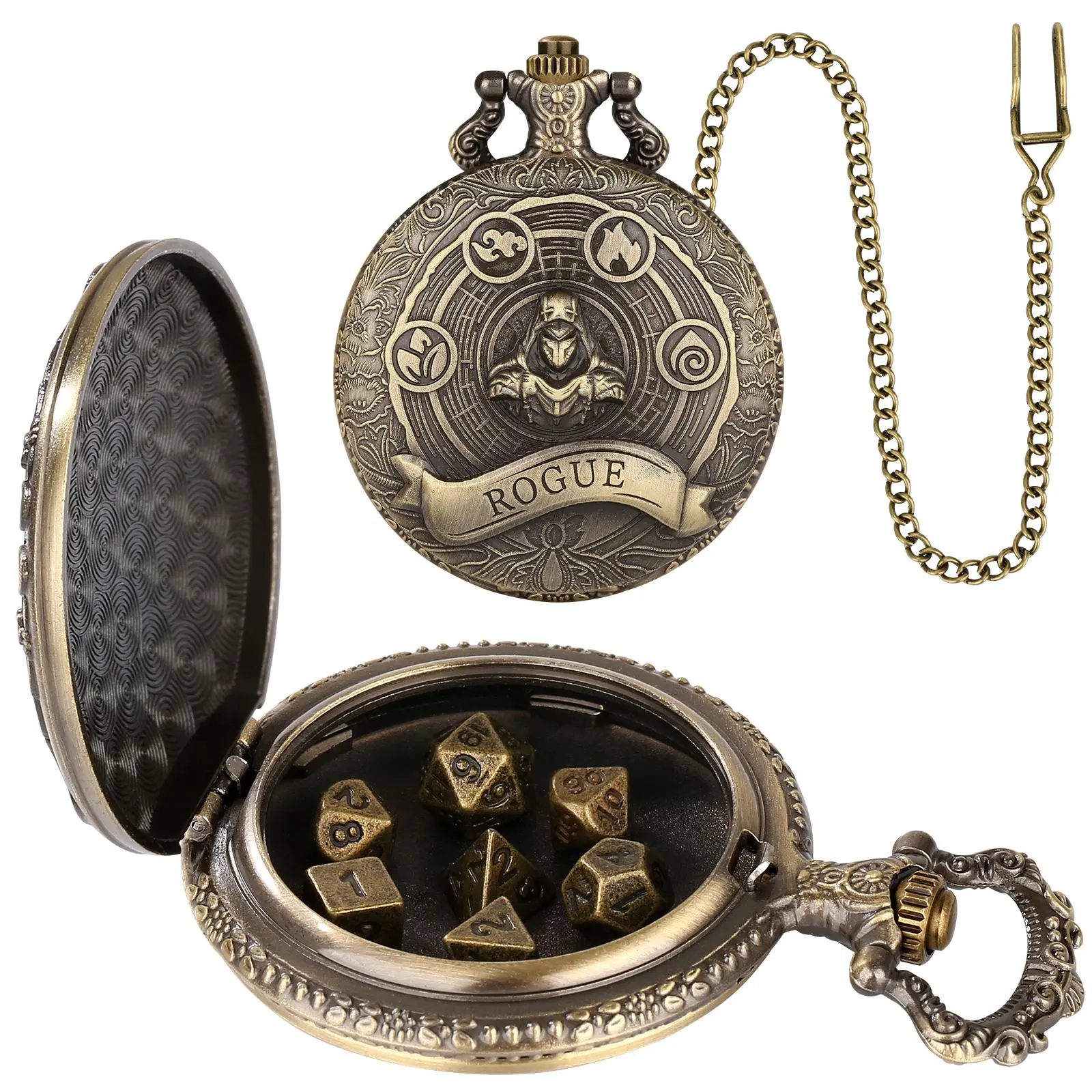 Vintage Watch Shaped Dice Set, Including 1 Count Dice Holder & 7 Counts Dice & 1 Count Chain, Dice Game for DND RPG, Tabletop Game, Role Playing Game, Christmas Gift