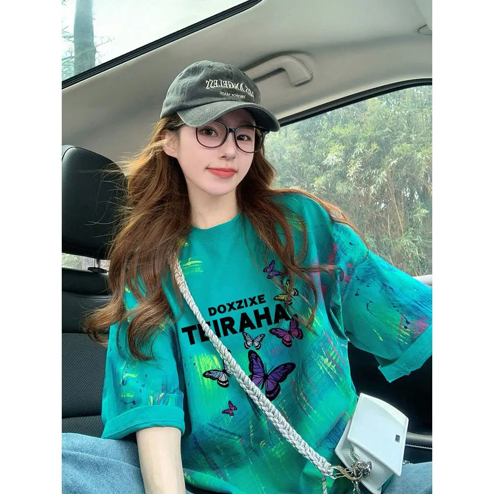 Áo Thun Ngắn Tay Dáng Rộng Phong Cách Tie-Dye, Chất Liệu Bông, Thiết Kế In Hình Bướm, In Graffiti, Dài Trung Bình Áo Giấu Béo, Thời Trang, Dành Cho Nữ Top Women