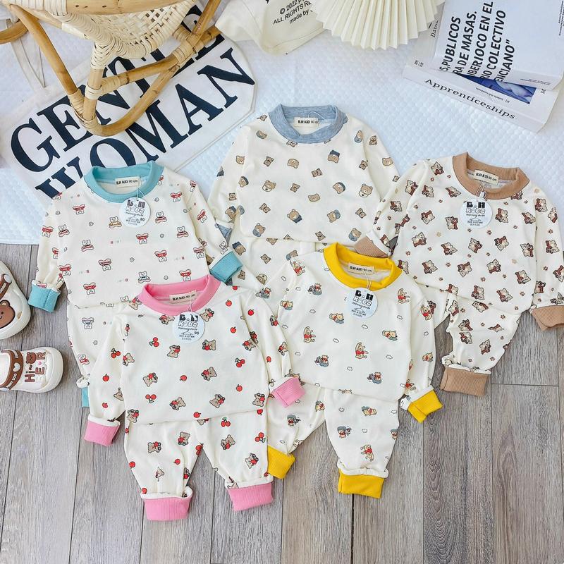 Bộ quần áo dài tay thu đông, chất liệu thun tăm, Nền Trắng In Kín họa tiết động vật cho bé trai, bé gái size 6-16kg - P57