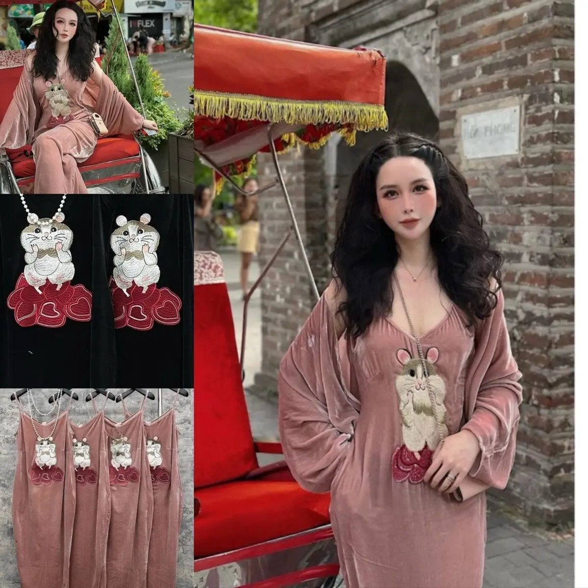 váy nhung 2 dây thêu Chuột  Women