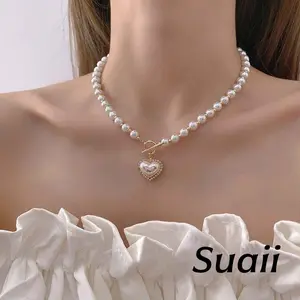 [Suaii] Kalung Mutiara Bentuk Hati 3D Gaya Santai dan Elegan A510