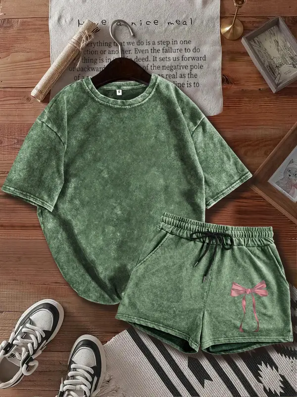 Two-Piece Set Women's Bow Print Tee & Shorts, Casual Short Sleeve T-shirt & Skinny Shorts, Ladies Summer Clothes for Daily Wear 6