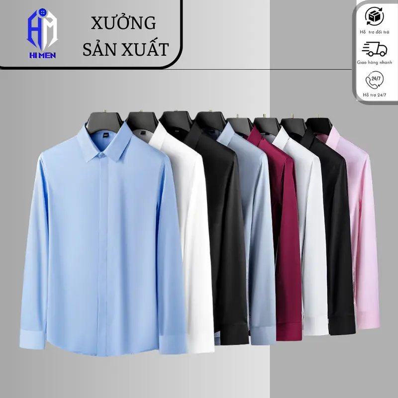 Áo sơ mi dài tay che cúc HIMEN, chất vải kháng nhăn co dãn mềm mịn , form slimfit tôn dáng gọn gàng khi sơvin(44-86kg) 0