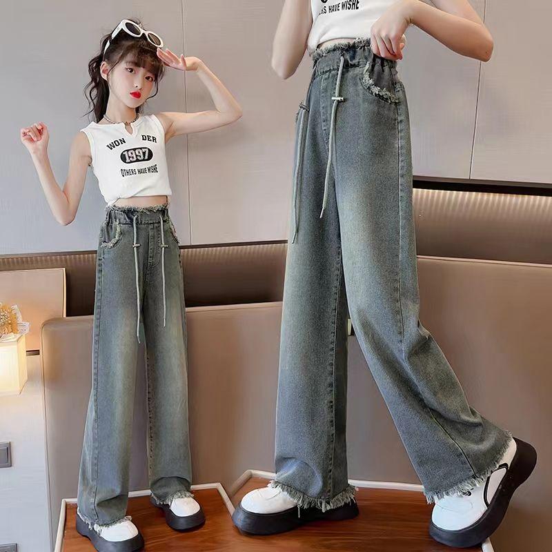 Quần Ống Rộng, Cho Bé Gái, Bộ Sưu Tập Xuân Thu 2024, Quần Jean Ngoài Trời, Màu Xanh Cổ Điển Dễ Phối Đồ Dáng Suông Rộng, Phong Cách Phương Tây, Thích Hợp Cho Trẻ Em Trung Bình Và Lớn 6