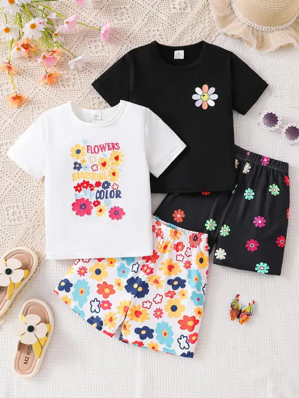 Girl's Floral Print Tee & Shorts Set, Casual Cute Round Neck Short Sleeve T-shirt & Shorts, Summer Clothes for Kids 0