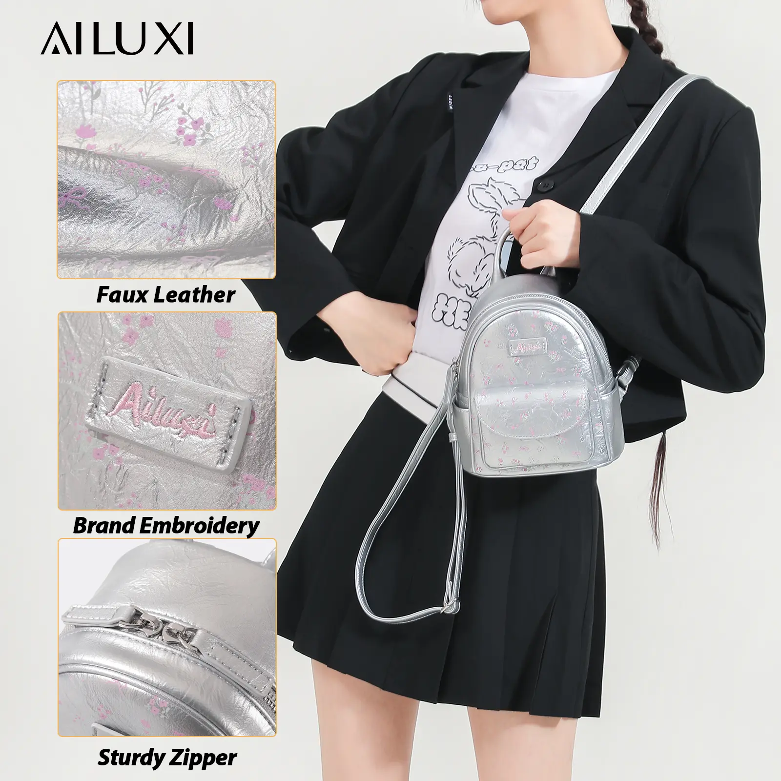AILUXI Women Backpack 2024 New Fashionable Original Niche Designer Silver Travel Lightweight Small Handbag PU Leather Female Bag 6841