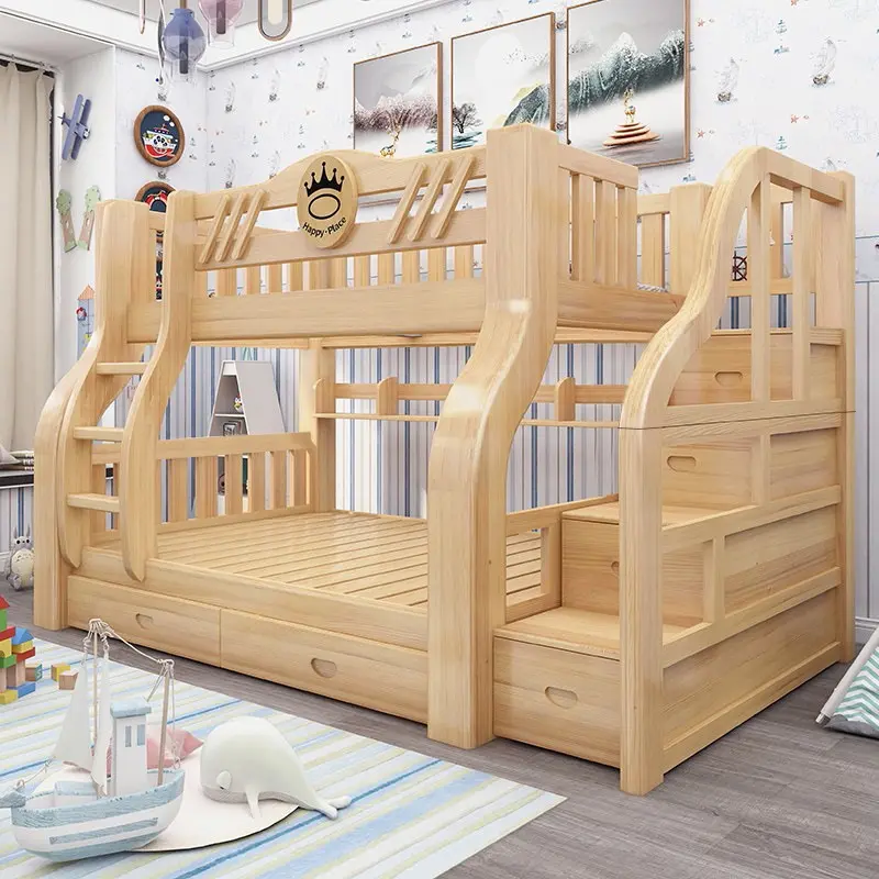 Solid Wood Bunk Bed frame Two-Layer Combination Double Layer Height-Adjustable Bed Upper and Lower Bunk Wooden Bed Double Children's Bed Adult Bunk Bed