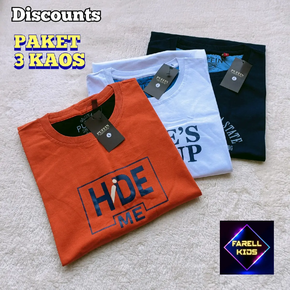 paket 3 kaos anak tanggung / kaos puffin & cosine / baju anak laki laki terbaru / bahan tebal motif fashion