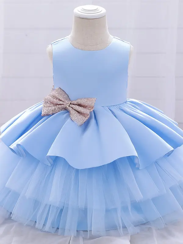 Toddler Girl's Bow Decor Mesh Sweater Dress, Elegant Big Bow Decor Princess Dress for Party Wedding Guest, Kids Clothes for All Seasons 1