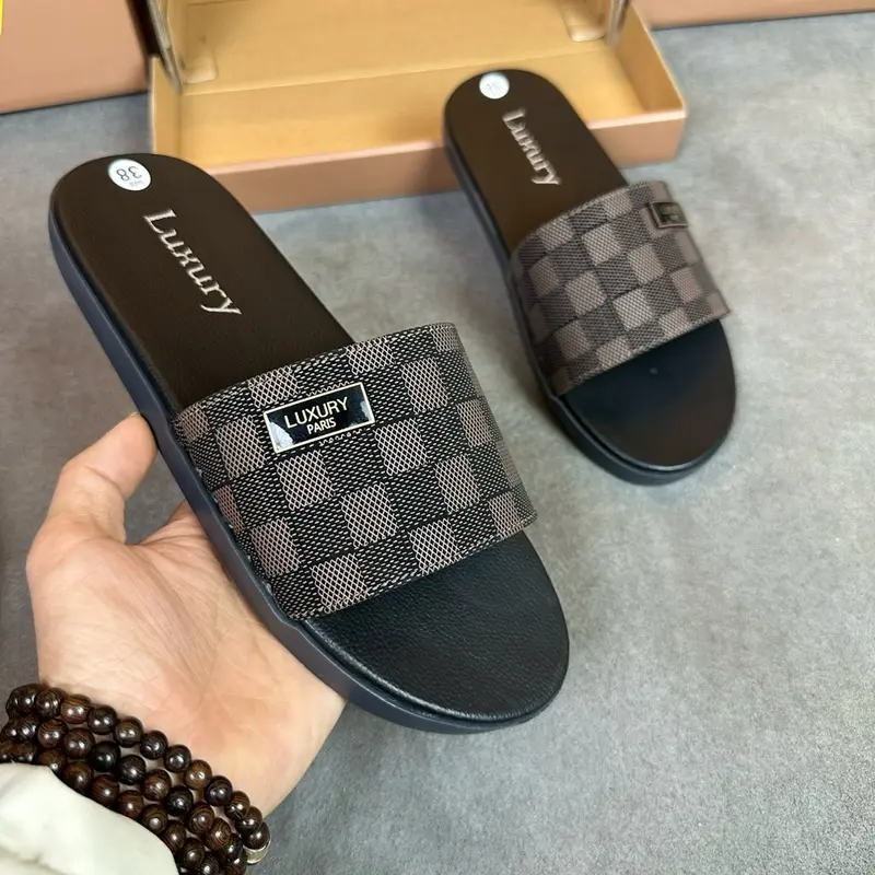 [Mã D 20 ] Dép Nam, Dép lê, dép da kẻ karo 3 màu có khâu quai chắc chắn size 37-45 DéP Đế Bằng Slipper Caro 1