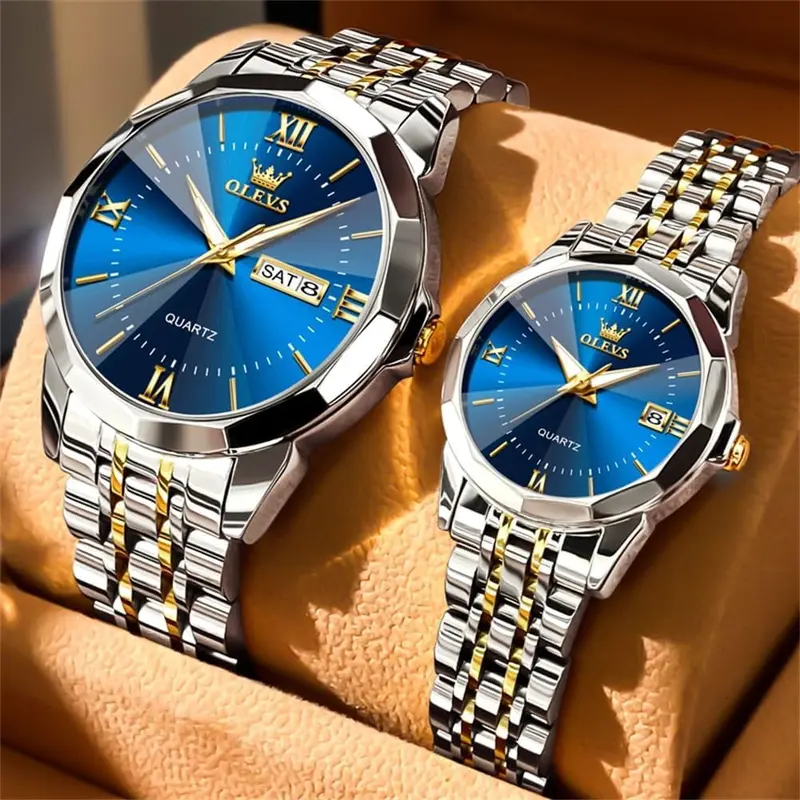 Brand OLEVS Watches for Couple Luxury Fashion His and Hers Stainless Steel Calendar Date 3ATM Waterproof Luminous Wrist Watch for Men Women Lovers Wedding Dating Romantic Gift Set of 2 3
