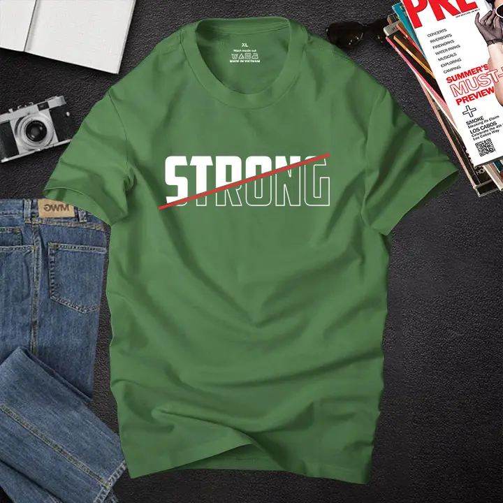 Áo thun nam cổ tròn in chữ STRONG phản quang, vải thun cotton 4 chiều mịn mát Menswear