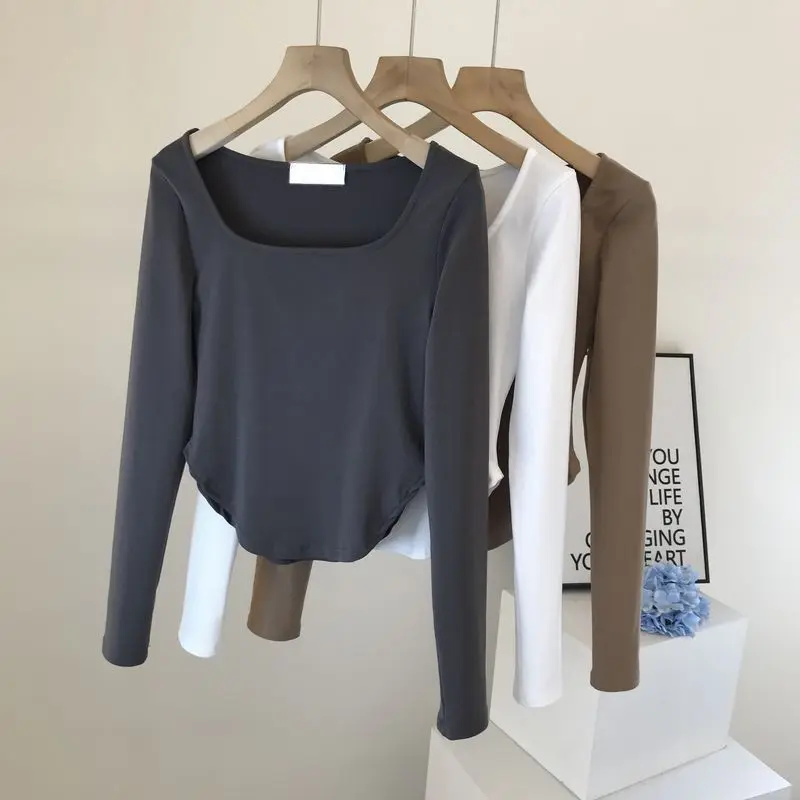 Square Neck T-shirt Women's Early Spring and Autumn Thin Design Niche Slim-Fit Long-Sleeved Bottoming Shirt Skinny Inner Match Pure Desire Top Womenswear Blouses Lingerie Basic Minimalist Comfort