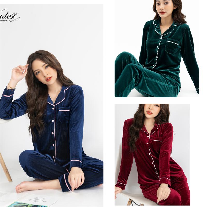 Bộ Đồ Thu Đông Nữ Set Pijama Giữ Nhiệt VADESI Dài Tay Nhung Tăm Cao Cấp Mùa Đông Mặc Nhà Sau Sinh Đẹp Mềm Mại