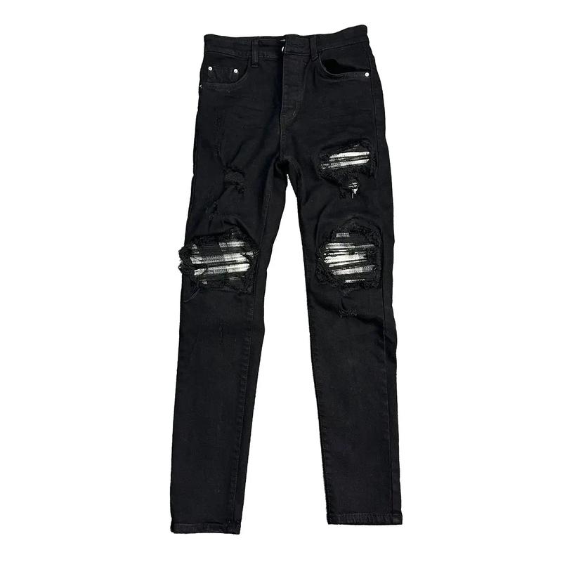 Quầnđen vá kẻ xám phom  bó sát chân nhỏ thon dài Menswear Jean Kem Pants quanjeans  namsale Có Túi jean  dx vladak  vá quần  jean