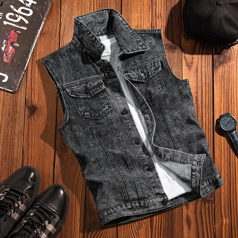 Quần áo bảo hộ lao động retro phong cách Hồng Kông, áo vest denim nam, thanh thiếu niên, rộng rãi, giản dị, đường phố, Thương Hiệu Thời Trang , áo ba lỗ không tay, áo khoác 0