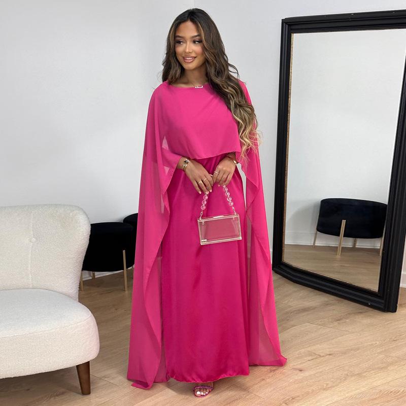 Product Introduction of Muslim women's round neck, loose and large hem Middle Eastern robe chiffon dress 3