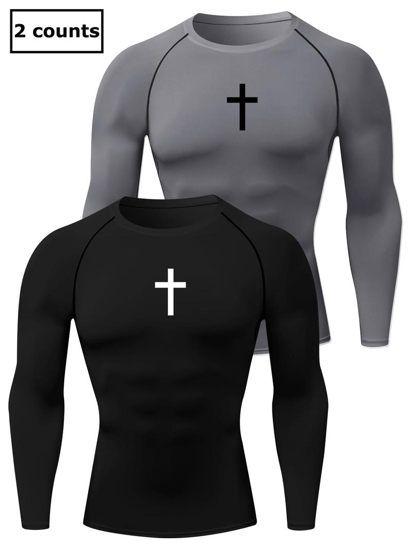 Product Introduction of Men's Cross Print Round Neck Sports Tee, Tight Sporty Quick Drying Breathable Long Sleeve T-shirt, Men's Sportswear for Spring & Fall Gym Workout, Graphic Tees, Workout Clothes 13