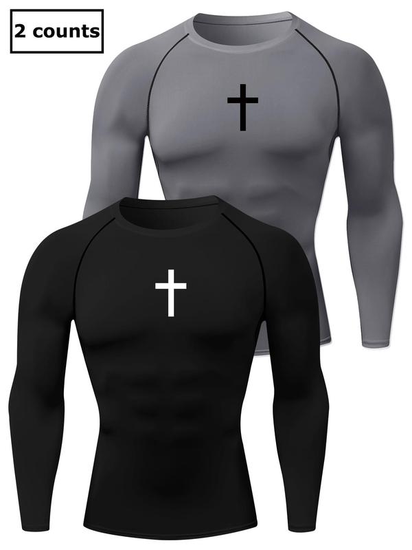 Men's Cross Print Round Neck Sports Tee, Tight Sporty Quick Drying Breathable Long Sleeve T-shirt, Men's Sportswear for Spring & Fall Gym Workout, Graphic Tees, Workout Clothes 7