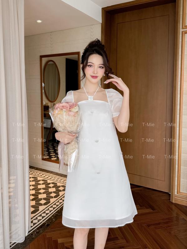 T-Mie | Đầm Bầu Thiết Kế Cổ Yếm Đính Cườm Chất Tơ Phối Taffta Cao Cấp,MD4999 Nữ Women Cotton Dress Màu Trắng
