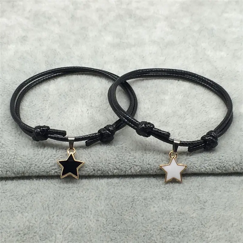 Gelang Pasangan, Fesyen, 2 Keping / set, Tali Hitam, Loket Bintang dan Hati, Untuk Wanita dan Lelaki, Gelang Berpasangan, Sesuai sebagai Hadiah