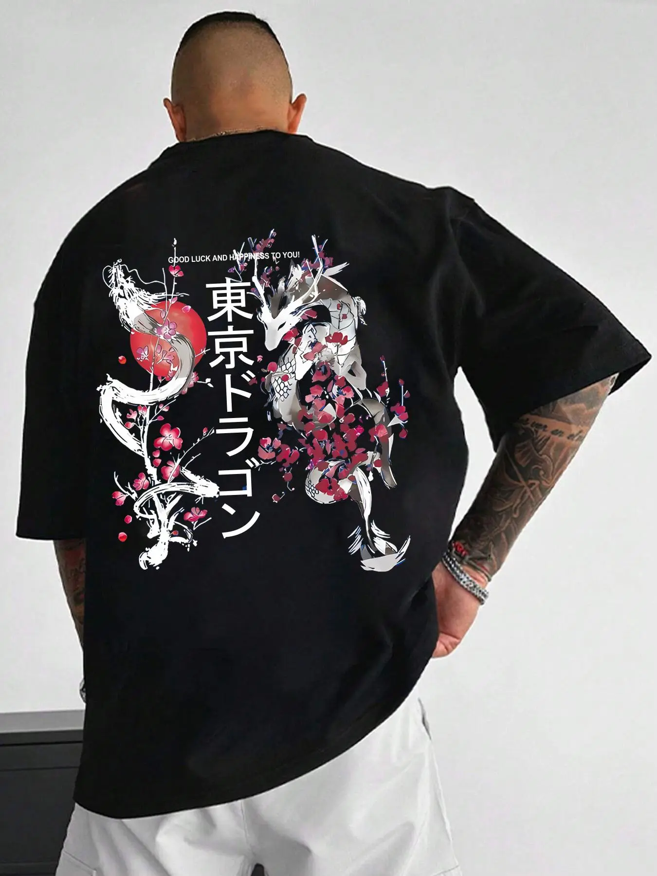 Unisex's Regular Fit Dragon & Cherry Blossom Print Drop Shoulder Tee, Street Fashion Casual Soft Comfy Half Sleeve Round Neck T-Shirt for Daily Outdoor Wear, Unisex's Top for Summer