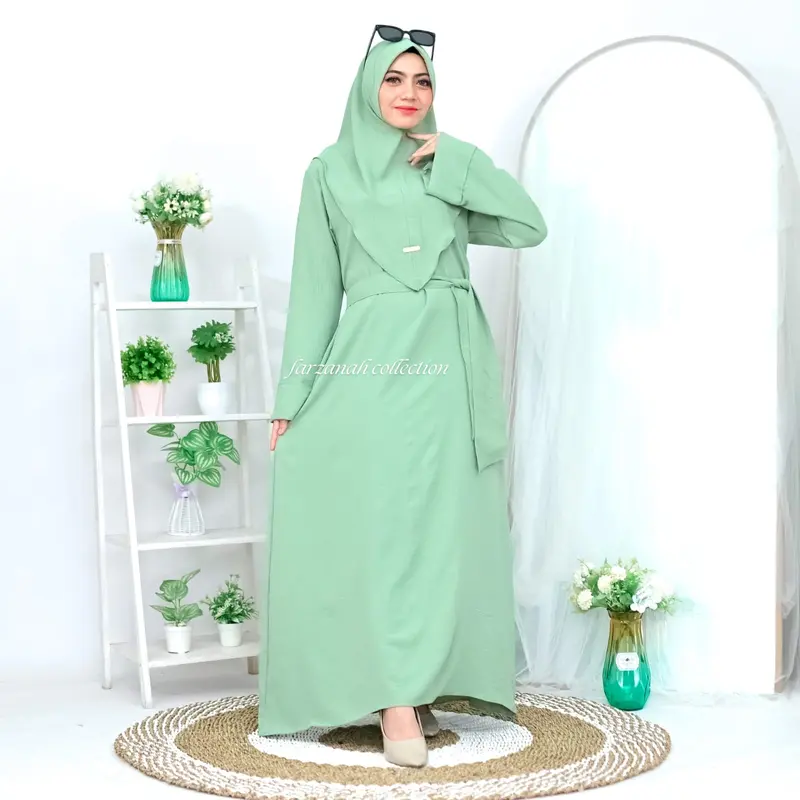 Abaya turkey remaja set hijab bahan crinkle airflow baju gamis abaya lebaran terbaru 2024 5