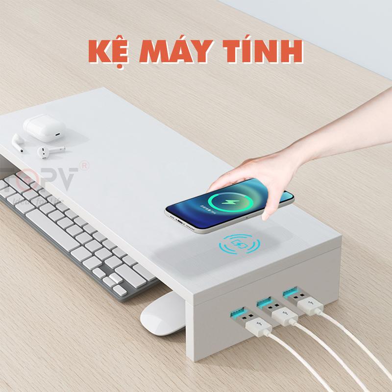 Kệ để máy tính TopV có USB hub kệ màn hình kê pc 2 tầng trắng giá đỡ laptop decor bàn học kê vi tính TopV