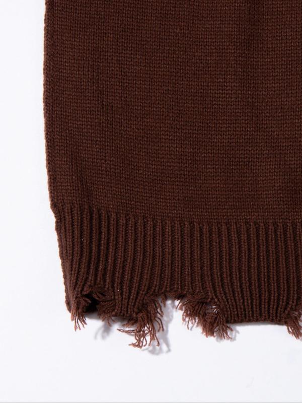 Men's Solid Ripped Drop Shoulder Sweater, Loose Casual Long Sleeve Round Neck Jumper for Fall & Winter, Men's Knitwear for Daily Wear 5