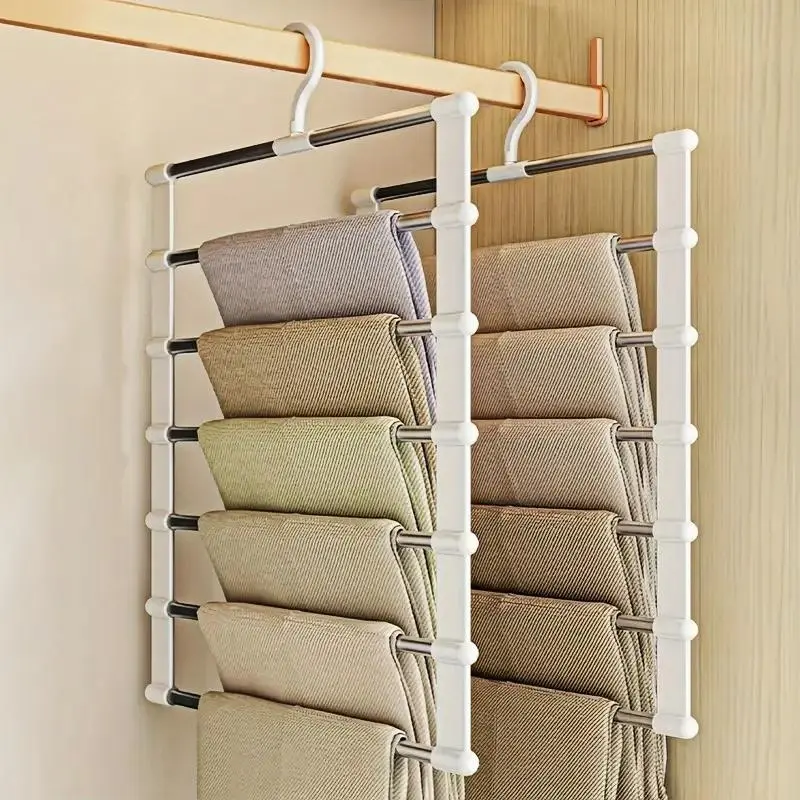 7 Holes Foldable Pants Rack, 2 Counts Stainless Steel Pants Hanger, Space Saving Pants Storage Rack, Wardrobe Organizer for Jeans, Leggings, Trousers