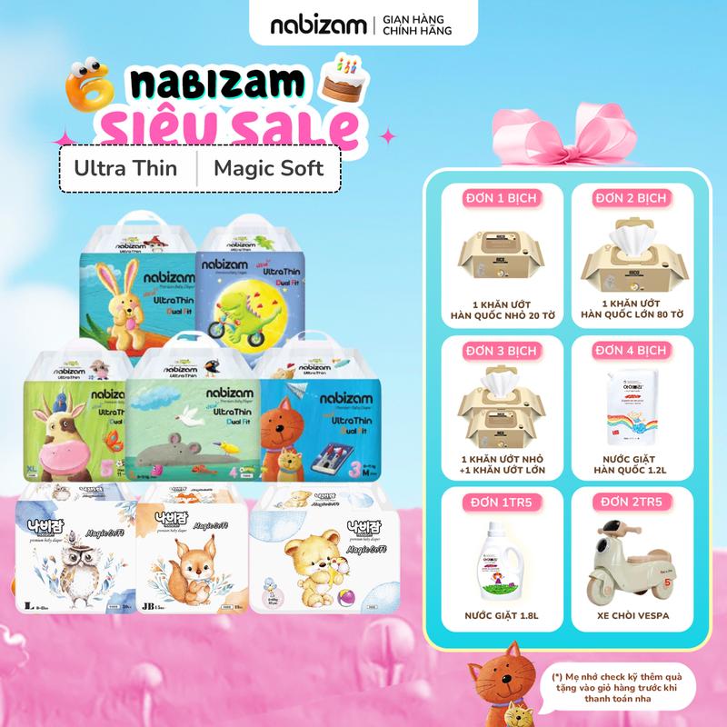 [4 BỊCH] [Ultra Thin+Magic Soft] Combo 4 Bịch Tã/Bỉm Cho Bé NABIZAM Êm Mỏng Chống Hăm Đủ Size Cho Bé Từ 3kg Đến 25kg, Quy Cách 20-50 Miếng/Bịch