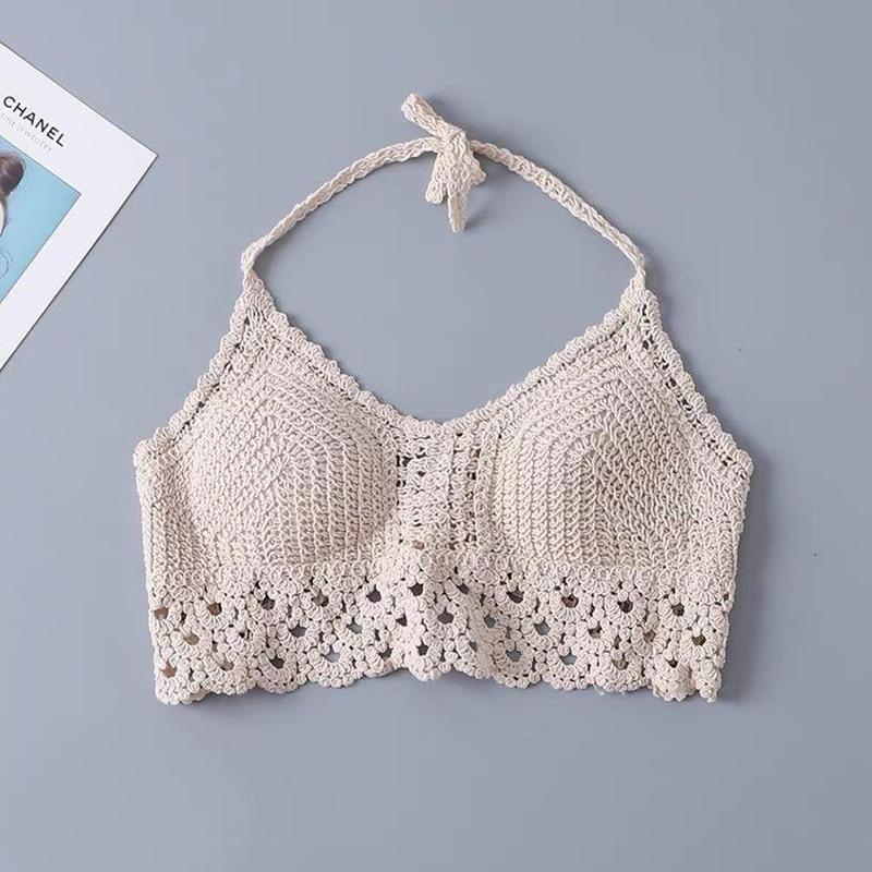 Product Introduction of Bohemian Holiday Beach Knit Halter Camisole Sexy Backless Top Tank Embroidery Hollow-out D4M3 19