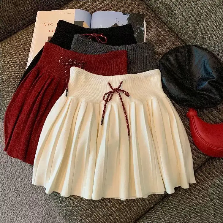 Váy Xếp Ly Dệt Kim Ren Dây Rút Phong Cách Hàn Quốc, Dành Cho Nữ, Hàng Mới Về Mùa Thu 2024, Phong Cách Preppy, Cạp Cao, Bó Sát, Váy Ngắn
