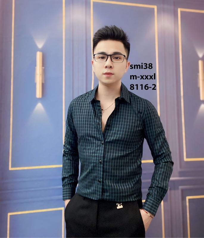 Áo sơ mi nam kẻ vuông nhỏ 8116 Menswear  Cổ Tròn 3